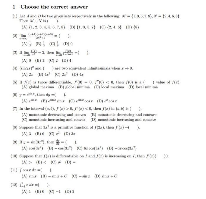 Solved N-00 2n +1 1-CO 1 Choose The Correct Answer (1) Let A | Chegg.com