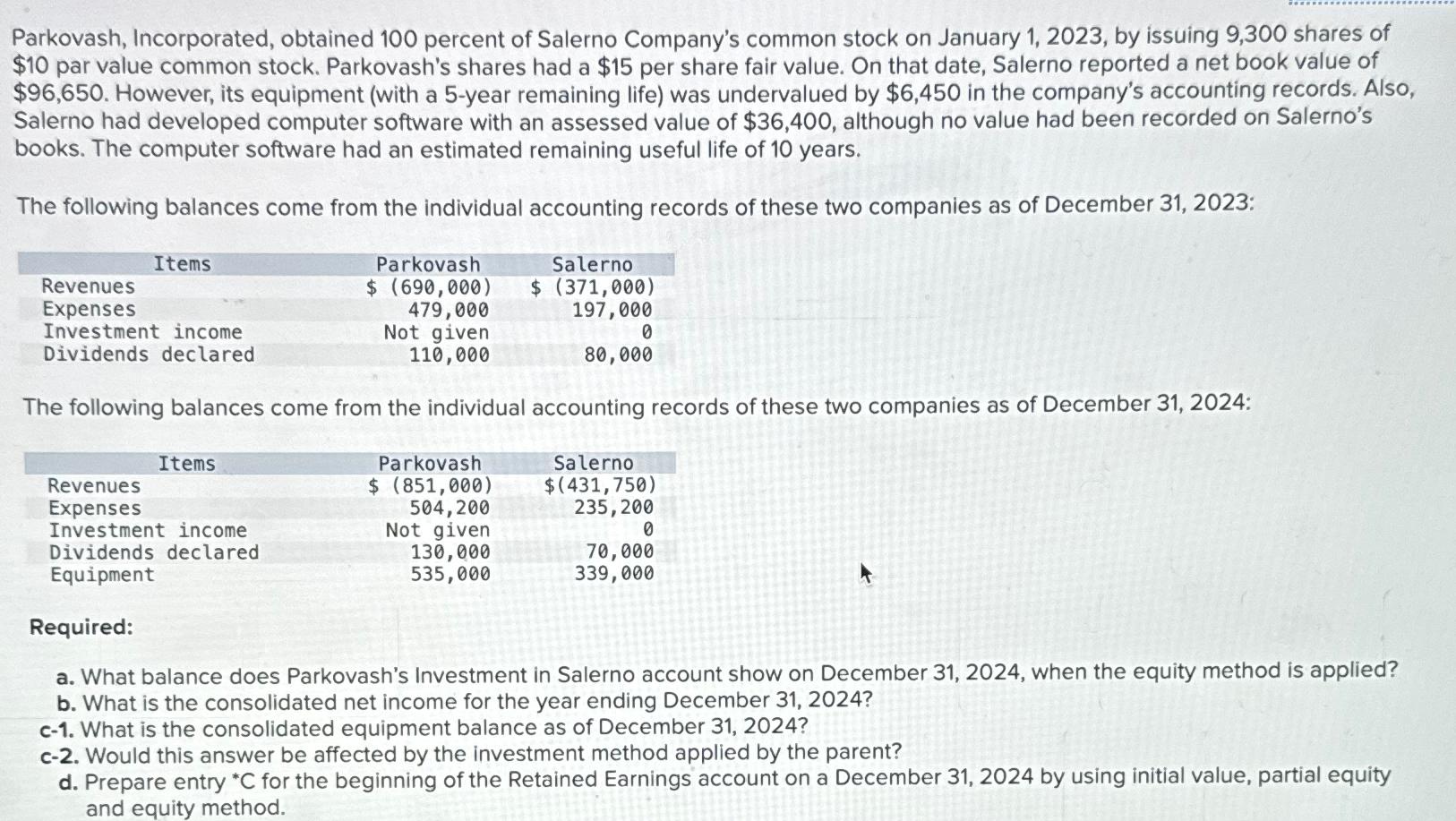 Solved Parkovash, Incorporated, obtained 100 ﻿percent of | Chegg.com