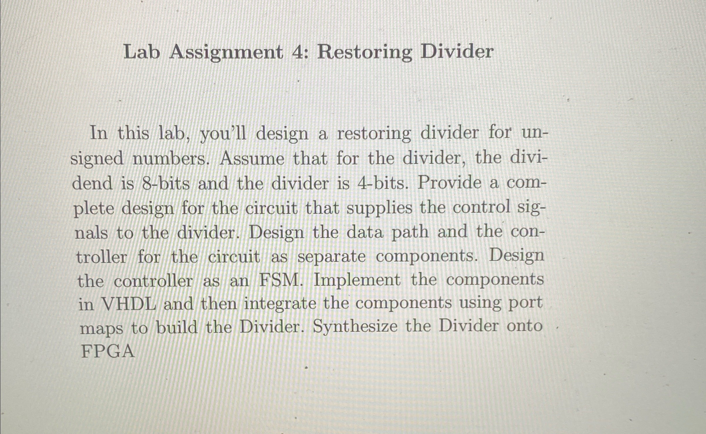 Solved Lab Assignment 4: Restoring DividerIn this lab, | Chegg.com
