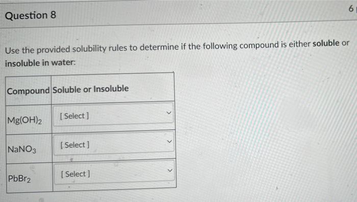Solved 6 Question 8 Use the provided solubility rules to | Chegg.com