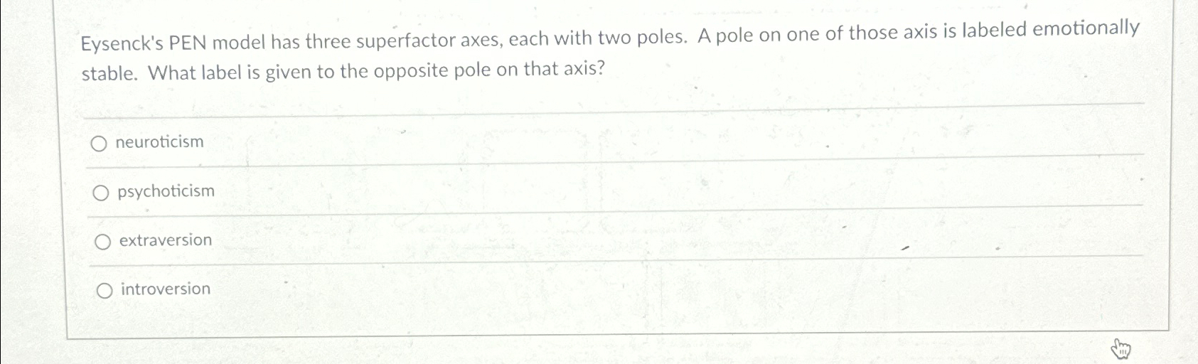 Solved Eysenck's PEN model has three superfactor axes, each | Chegg.com