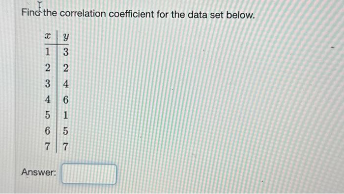Solved Find the correlation coefficient for the data set | Chegg.com