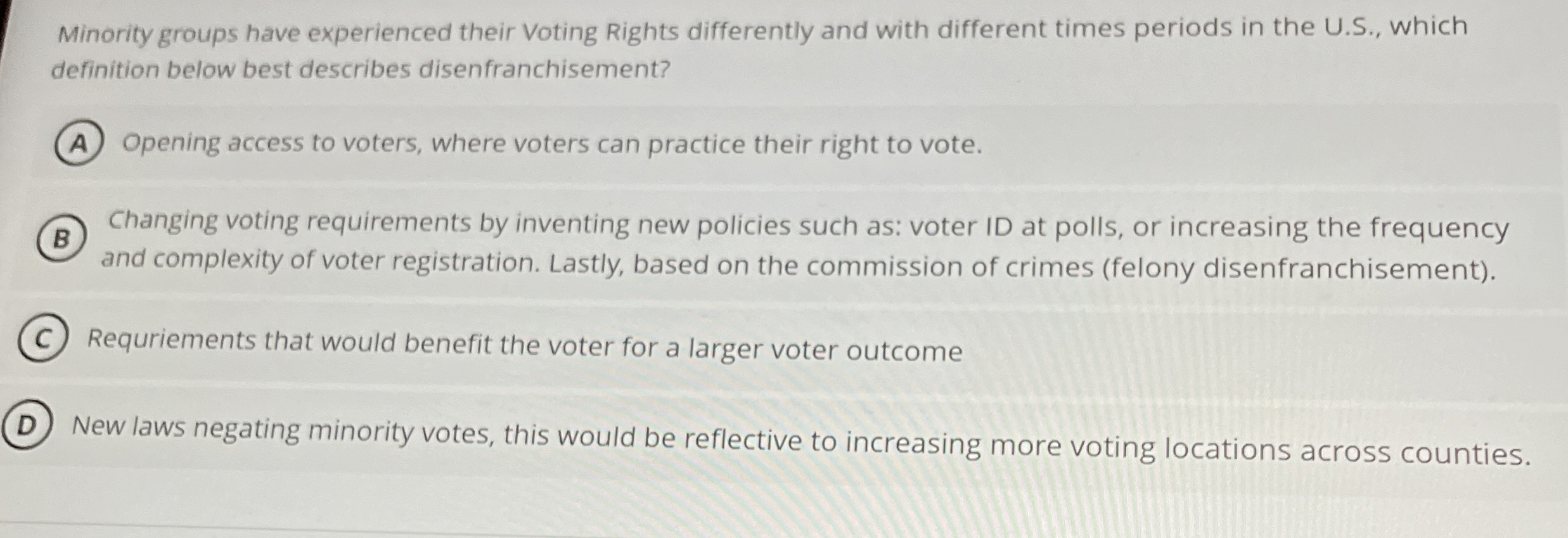 Solved Minority groups have experienced their Voting Rights | Chegg.com