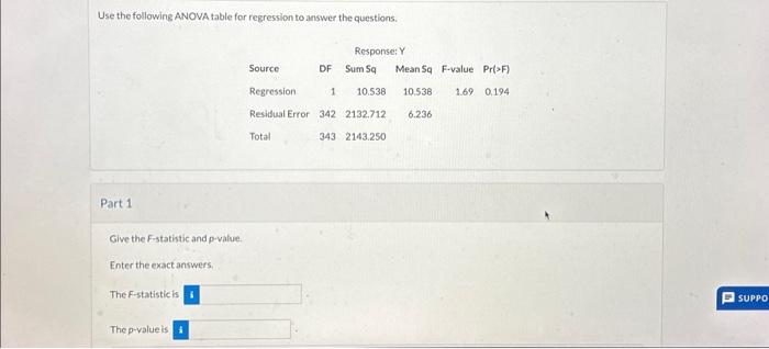 Solved Use the following ANOVA table for regression to | Chegg.com