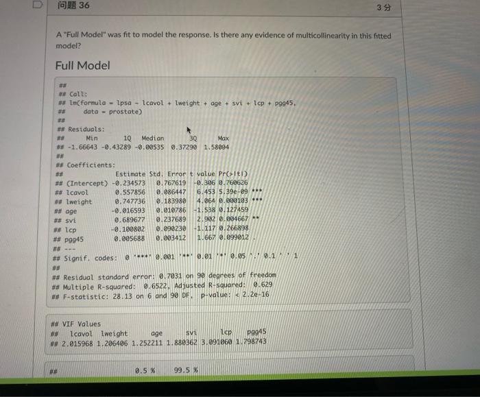 Solved la 36 39 A "Full Model" was fit to model the | Chegg.com