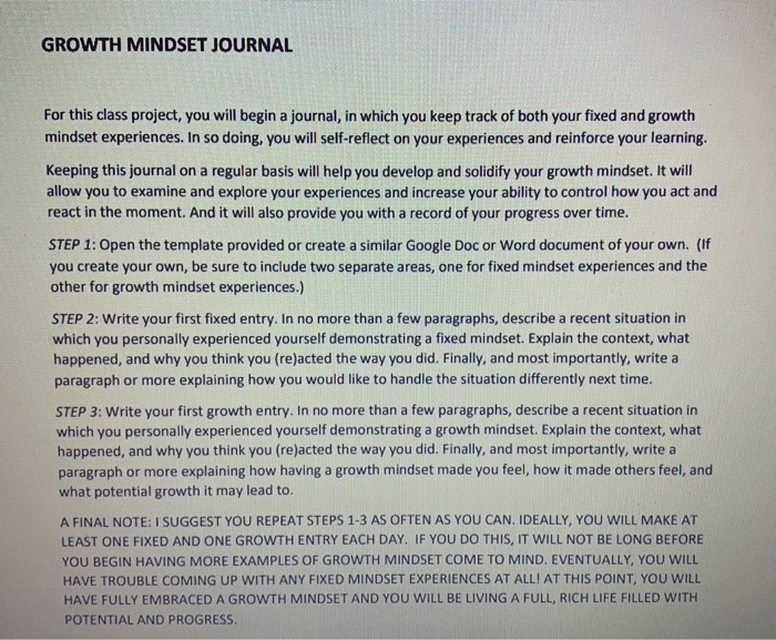 Solved GROWTH MINDSET JOURNAL For this class project, you | Chegg.com