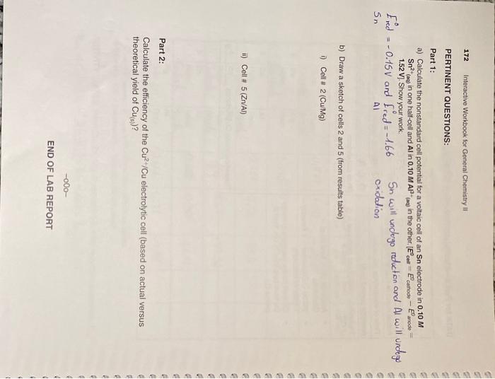 Solved 170 ELECTROCHEMICAL CELLS LAB 7 REPORT Name Date