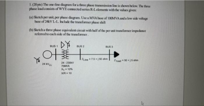 1. \( (20 \) pts) The ore-line diagam for a three phase transmission line is shown below. The throe phase loud consists of WY