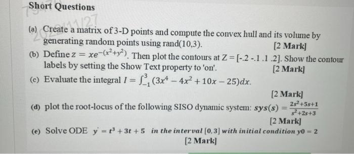 (a) Create a matrix of 3-D points and compute the | Chegg.com