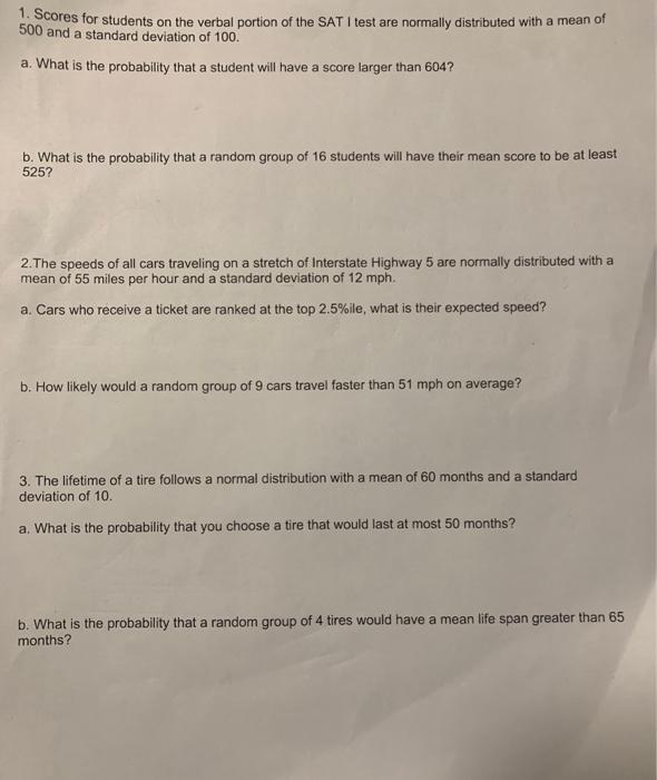 Solved 1. Scores for students on the verbal portion of the | Chegg.com