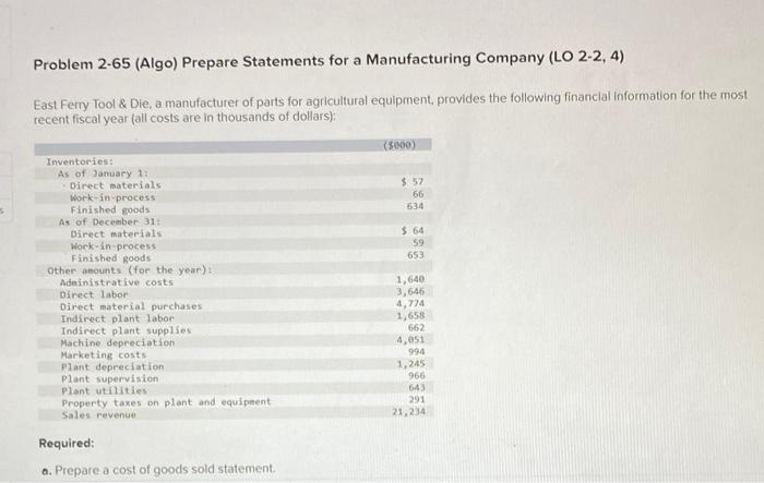 Solved Problem 2-65 (Algo) Prepare Statements for a | Chegg.com