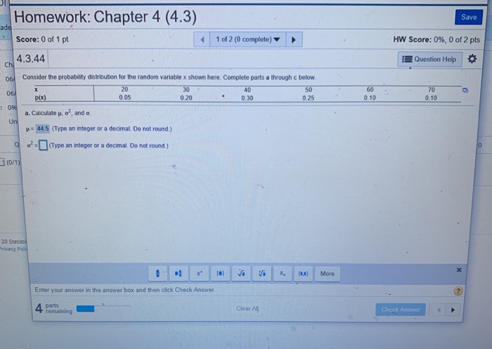 Solved Homework: Chapter 4 (4.3) Save ade Score: 0 of 1 pt 1 | Chegg.com