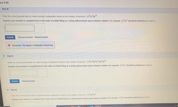 Solved se 9.98 Part B Enter the correct ground state for | Chegg.com