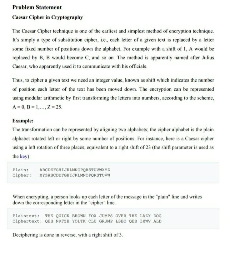 Problem Statement Caesar Cipher in Cryptography The | Chegg.com