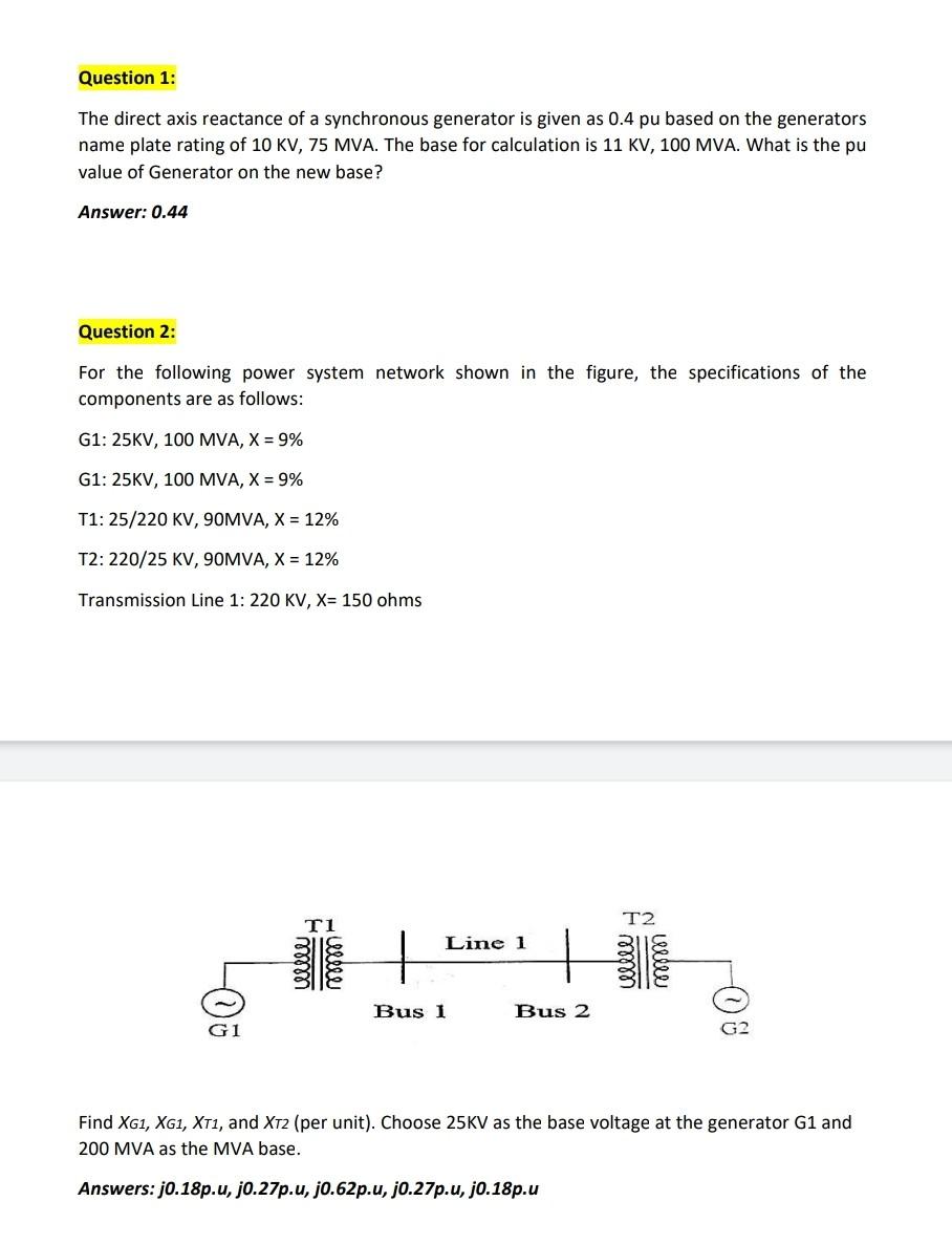 Solved Question 1: The Direct Axis Reactance Of A | Chegg.com