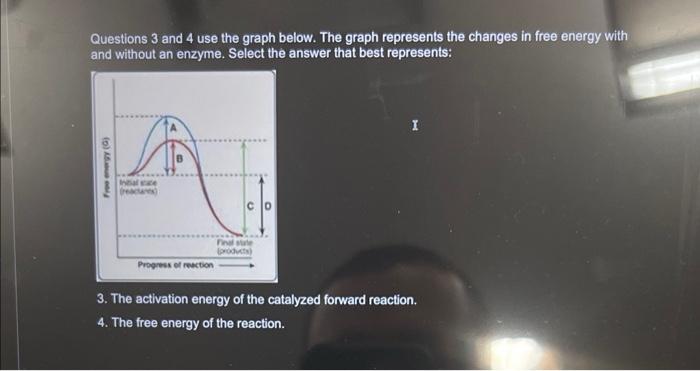 Questions 3 and 4 use the graph below. The graph represents the changes in free energy with and without an enzyme. Select the