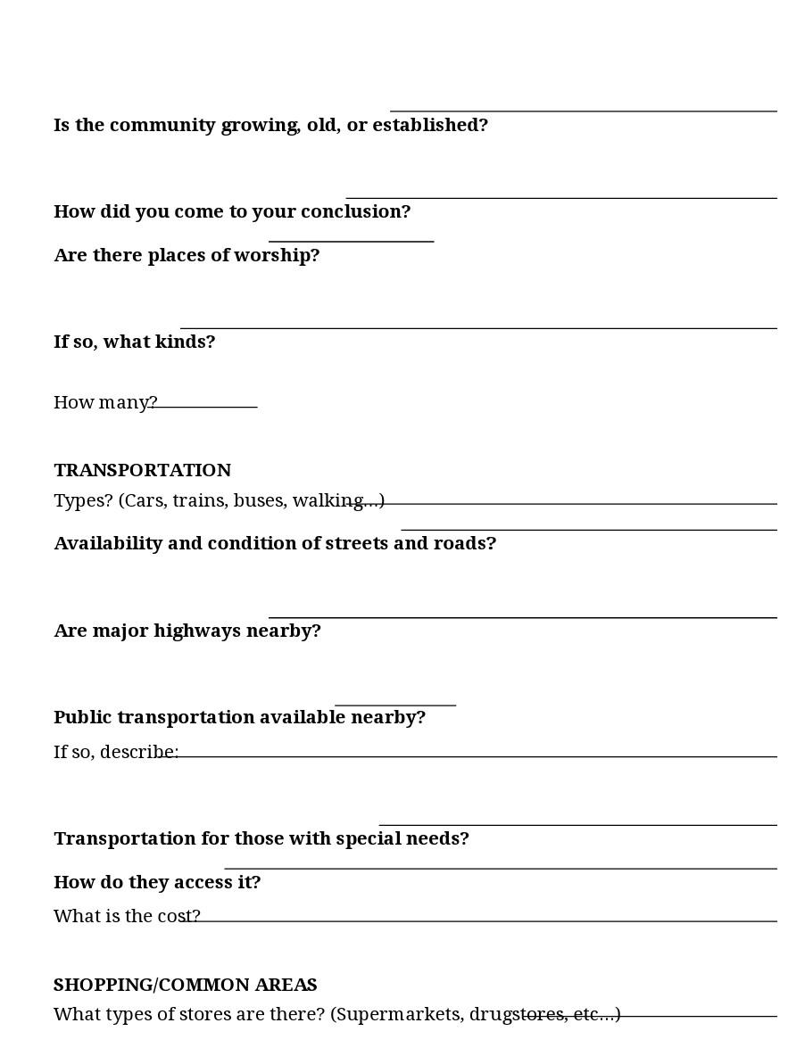 Is the community growing, old, or established? How did you come to your conclusion? Are there places of worship? If so, what