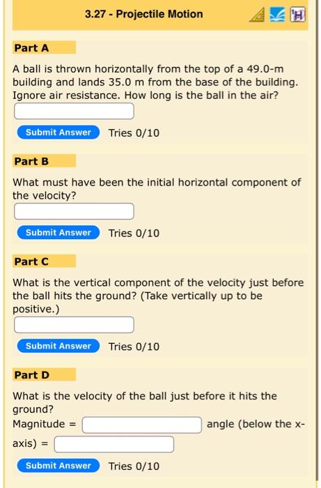 A ball is thrown horizontally from the top of a \( 49.0-\mathrm{m} \) building and lands \( 35.0 \mathrm{~m} \) from the base