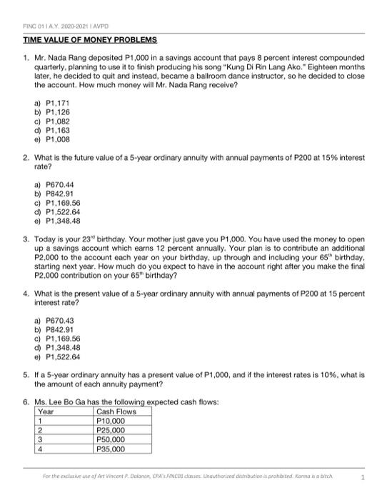 Solved FINC 011 AY 2020 2021 AVPO TIME VALUE OF MONEY | Chegg.com