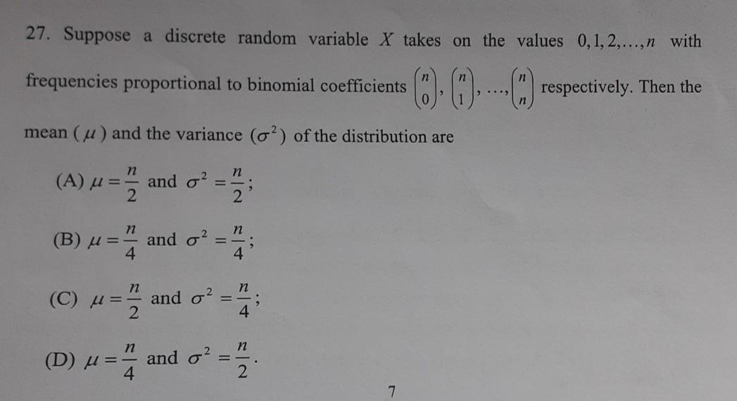 Solved 27. Suppose a discrete random variable X takes on the | Chegg.com