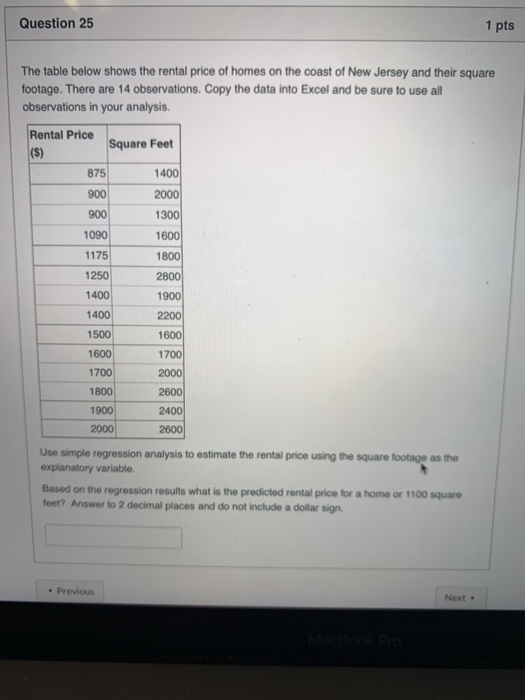 Solved Question 25 1 pts The table below shows the rental | Chegg.com