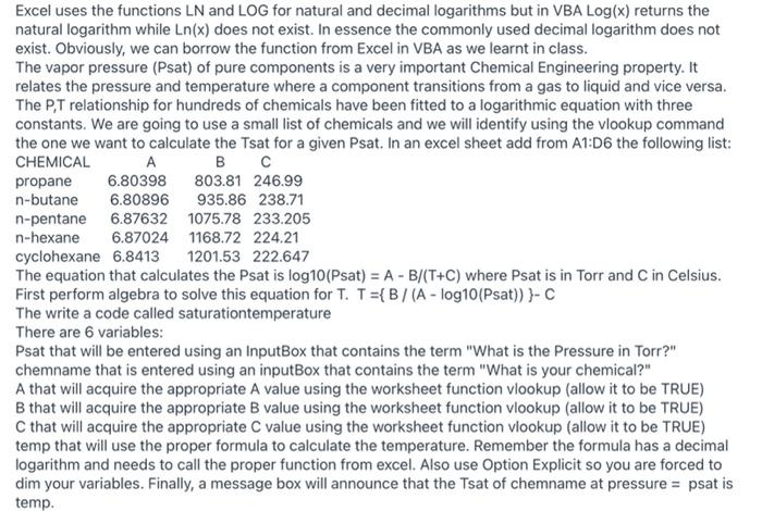 Excel uses the functions LN and LOG for natural and | Chegg.com