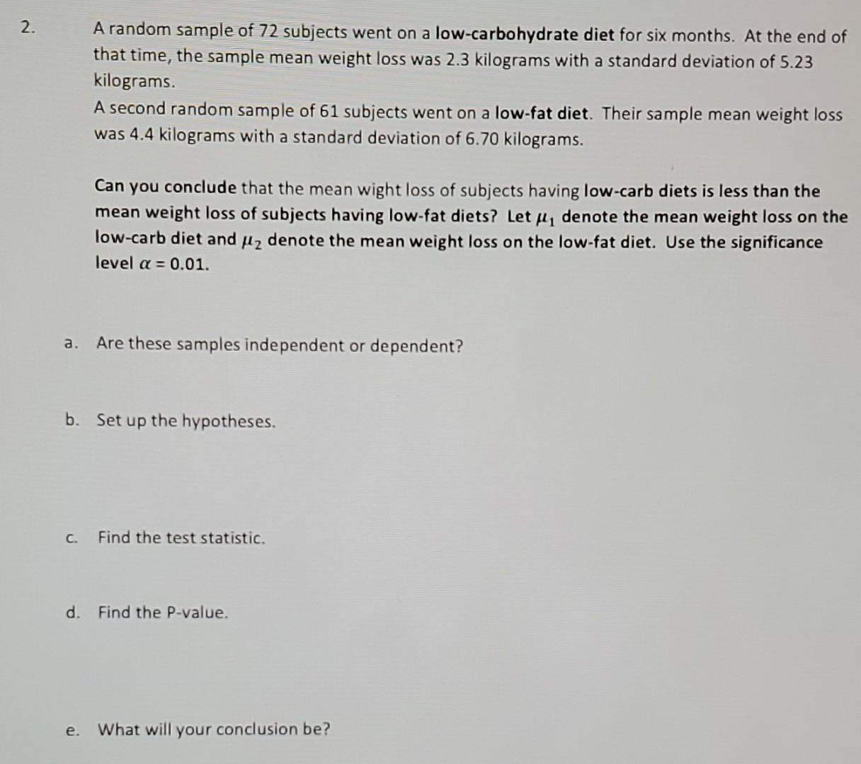 Solved A random sample of 72 subjects went on a | Chegg.com