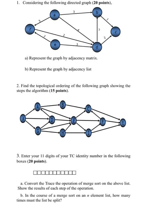 Solved 1. Considering The Following Directed Graph (20 | Chegg.com