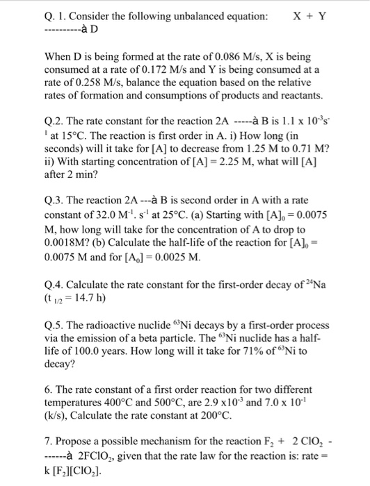 Solved Q 1 Consider The Following Unbalanced Equation Chegg Com