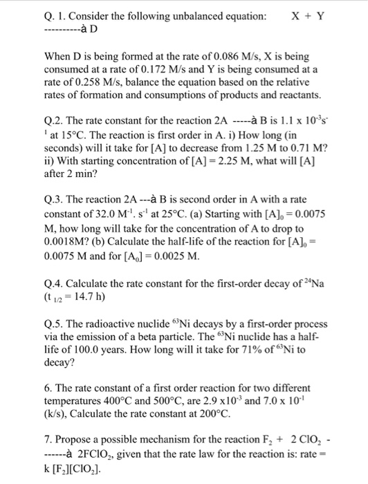 Q 1 Consider The Following Unbalanced Equation X Chegg Com