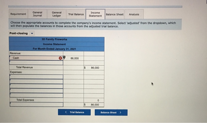 Requirement general journal general ledger trial balance income statement balance sheet analysis choose the appropriate accou