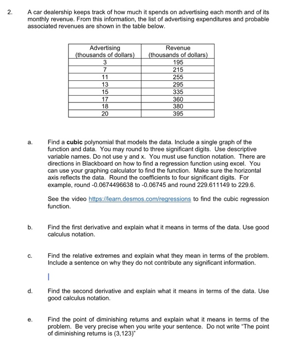 Solved 2. A car dealership keeps track of how much it spends | Chegg.com