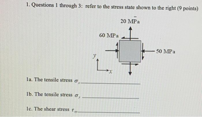 Solved 1. Questions 1 through 3: refer to the stress state | Chegg.com