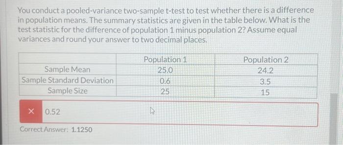 Solved You conduct a pooled-variance two-sample t-test to | Chegg.com