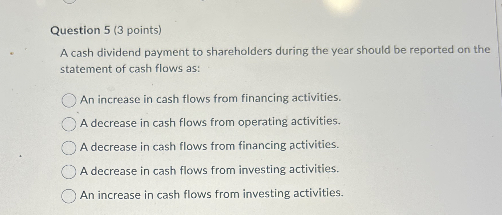 Solved Question 5 (3 ﻿points)A cash dividend payment to | Chegg.com