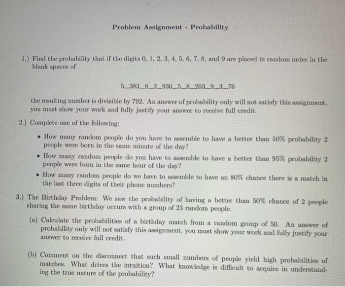 Solved Problem Assignment - Probability 1.) Find The | Chegg.com