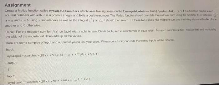 Solved Assignment Greate a Matiab function called mymidpoint | Chegg.com