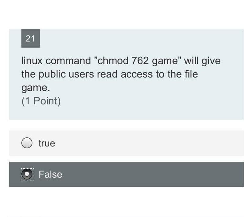 Solved 21 linux command "chmod 762 game" will give the | Chegg.com