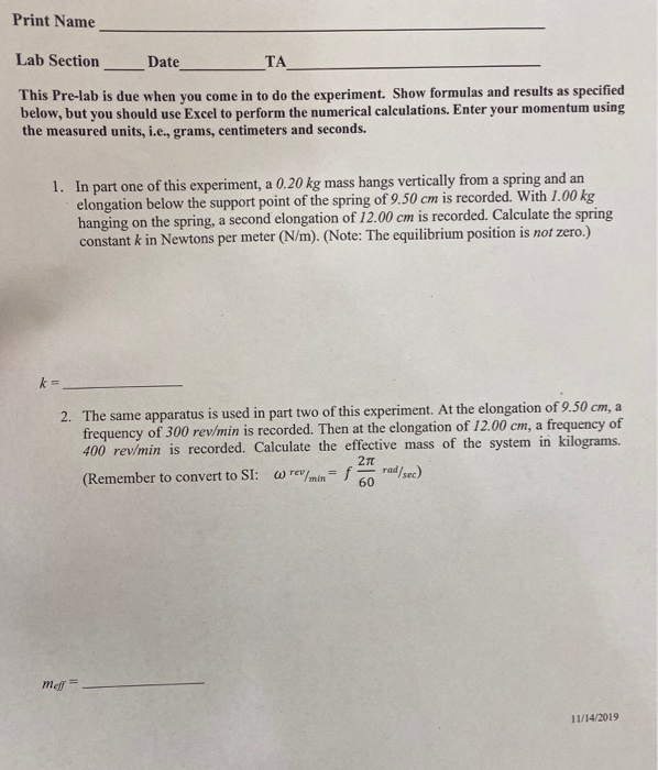 Solved Print Name Lab Section Date This Pre-lab is due when | Chegg.com