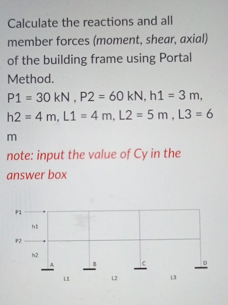 Calculate the reactions and all member forces (moment, shear, axial) of the building frame using Portal Method.
\[
\begin{arr