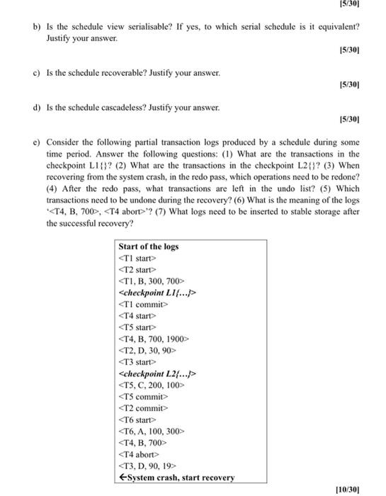 Solved Question 2. Consider the partial schedule below and | Chegg.com