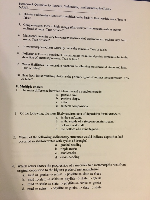 Solved Homework Questions for Igneous, Sedimentary, and | Chegg.com