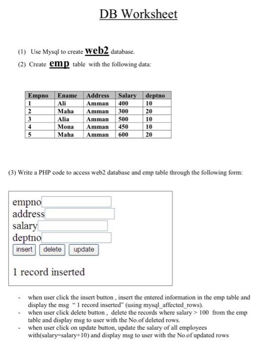Solved (1) Use Mysql to create Web2 database. (2) Create emp | Chegg.com