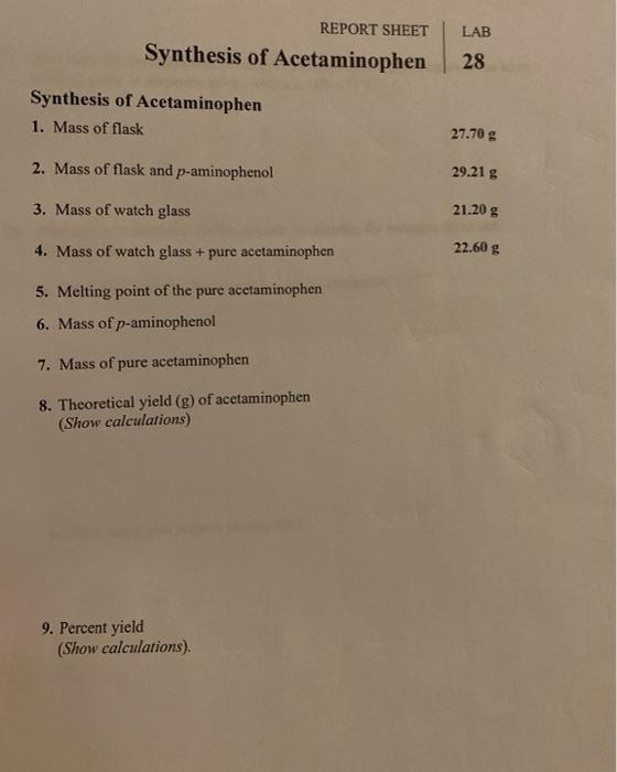 Solved REPORT SHEET LAB Synthesis of Acetaminophen 28