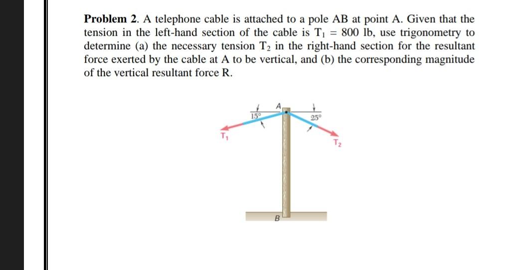 Statics Telephone Line Problem Solved Problem 2. A telephone cable is attached to a pole AB | Chegg.com