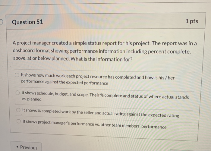Solved Question 51 1 pts A project manager created a simple | Chegg.com