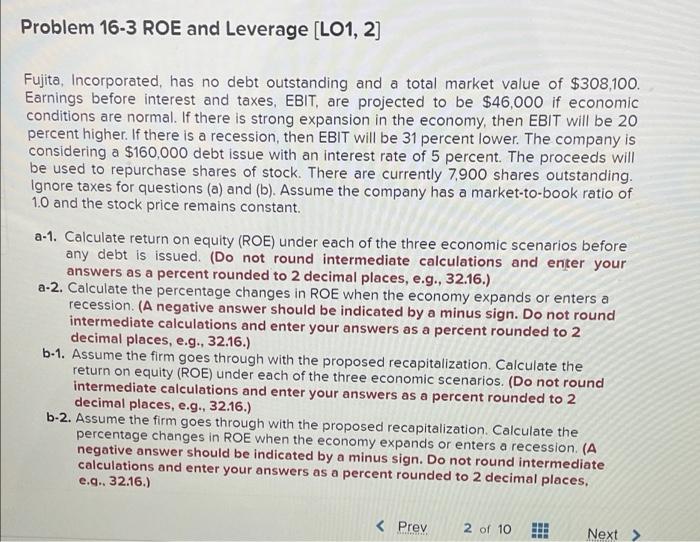 Solved Problem 16-3 ROE And Leverage (LO1, 2] Fujita, | Chegg.com