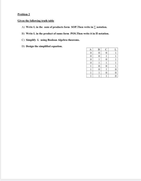 Solved Problem 2 Given the following truth table A) Write L | Chegg.com