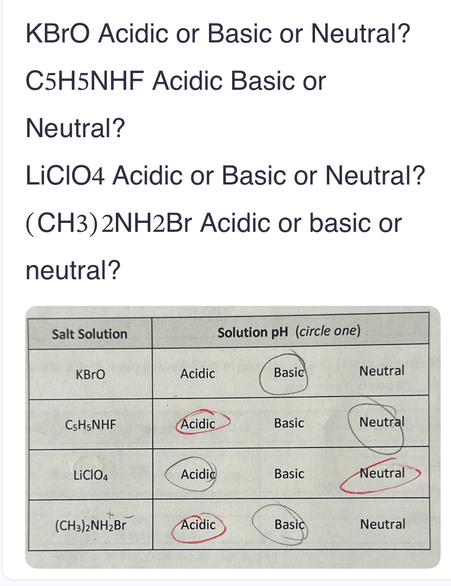 Solved KBrO Acidic or Basic or Neutral?C5H5NHF Acidic Basic 