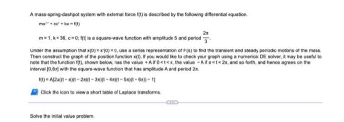 A mass-spring-dashpot system with external force f(t) is described by the following differential equation.
\[
m x^{\prime \pr